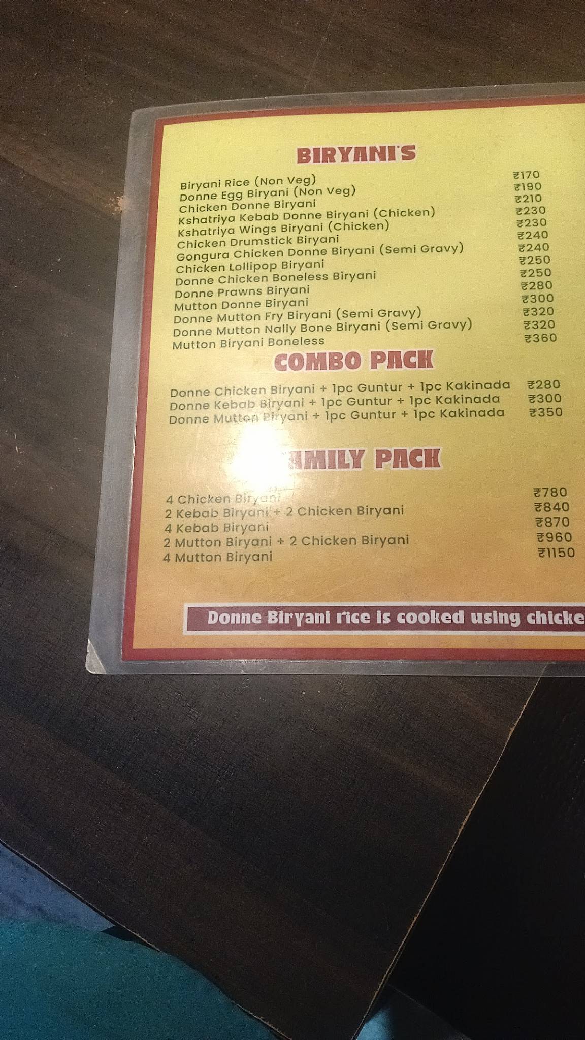 CHICKPET DONNE BIRYANI, SR NAGAR menu