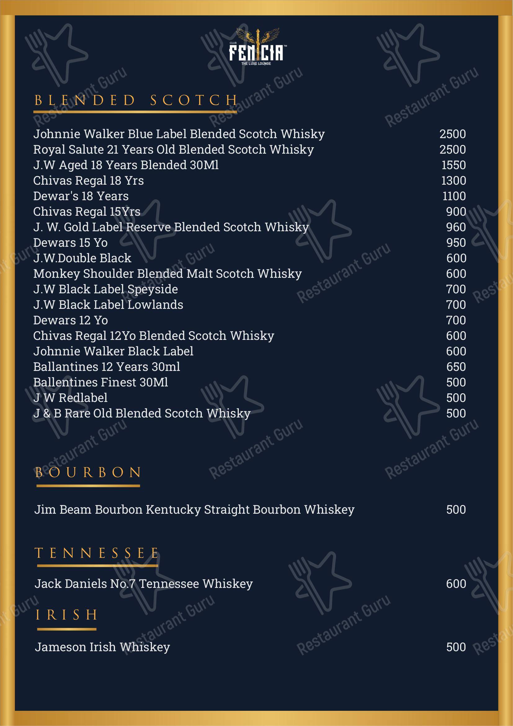 Menu for CLUB FENICIA in Kolkata