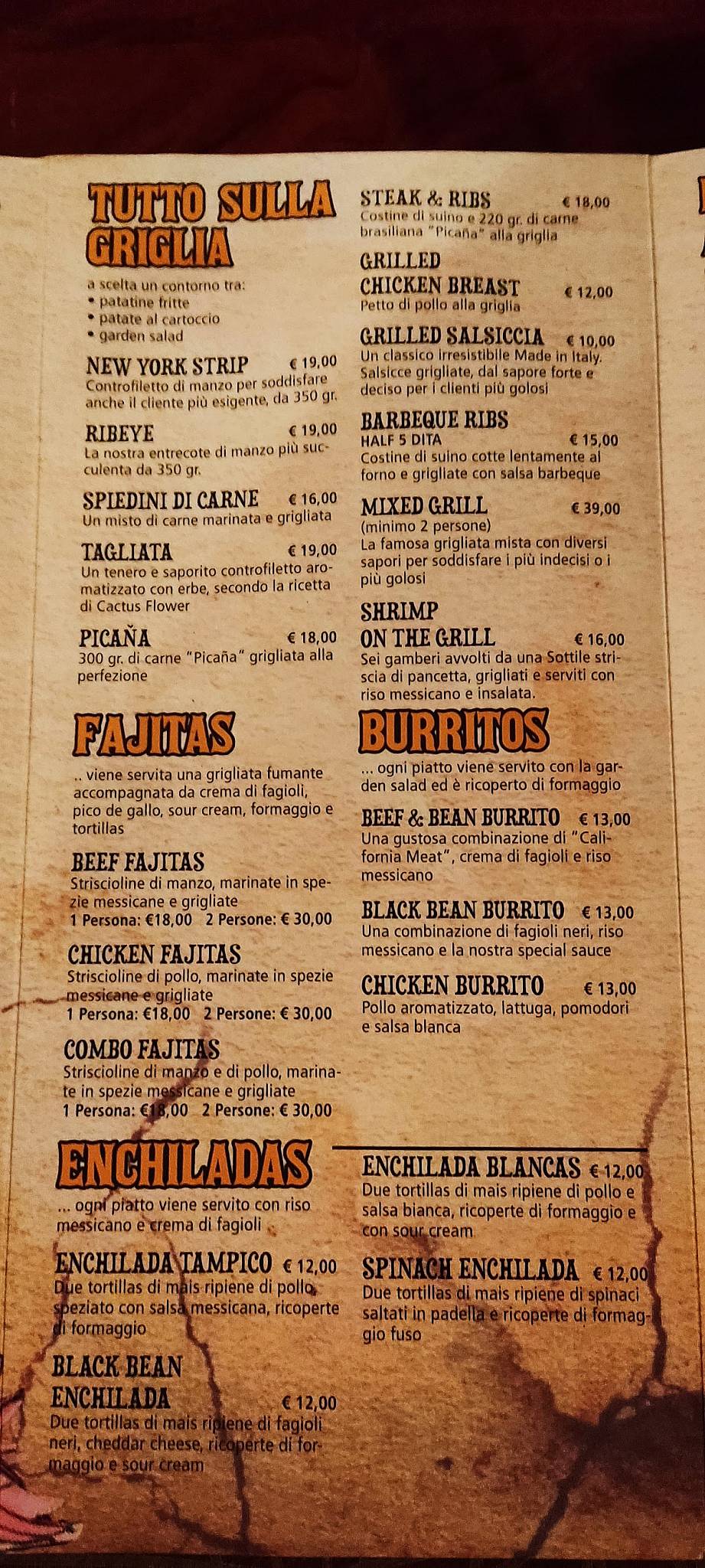Menu di Cactus Flower Ristorante Tex-Mex 