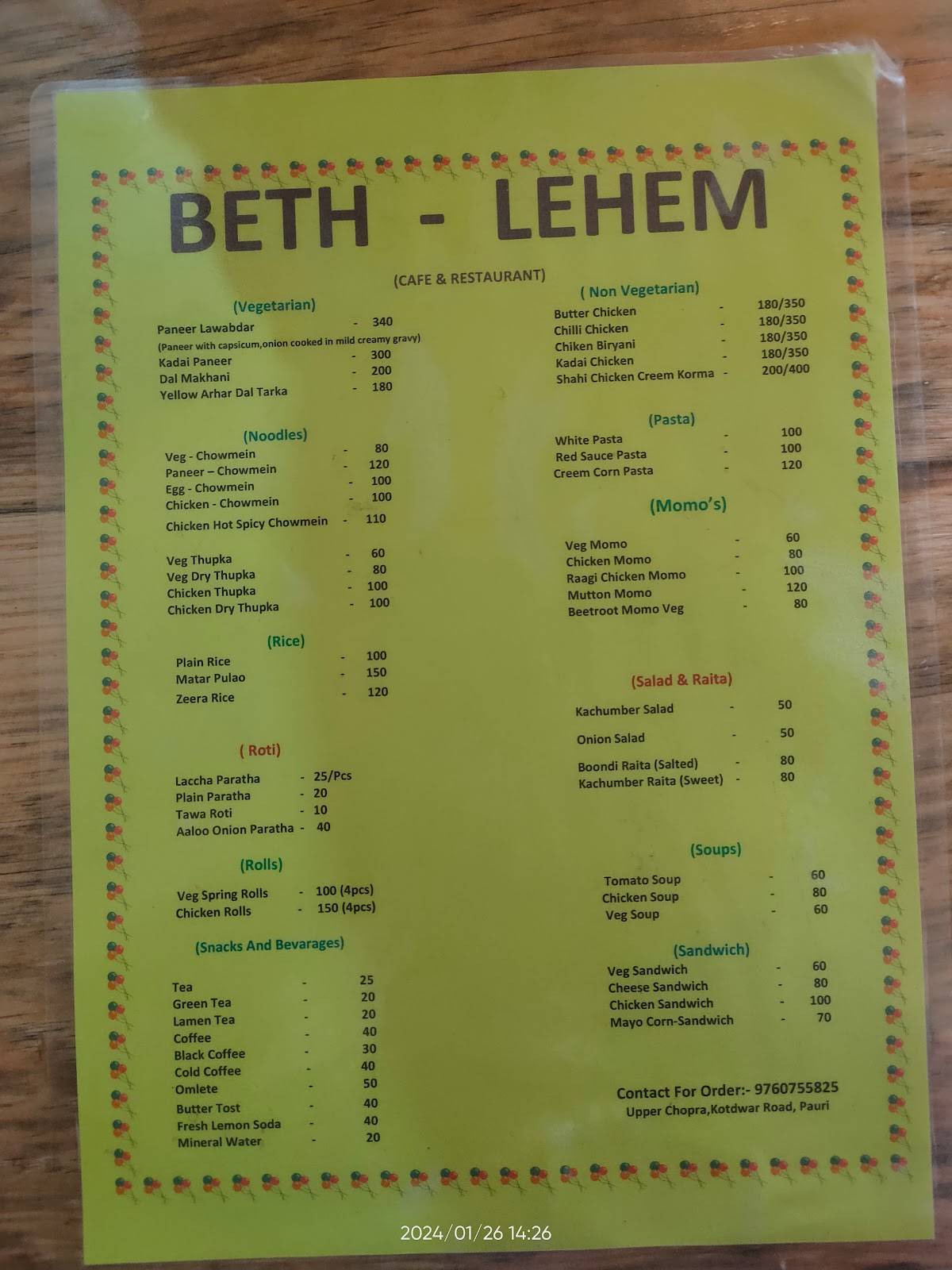 Cafe Beth-lehem menu