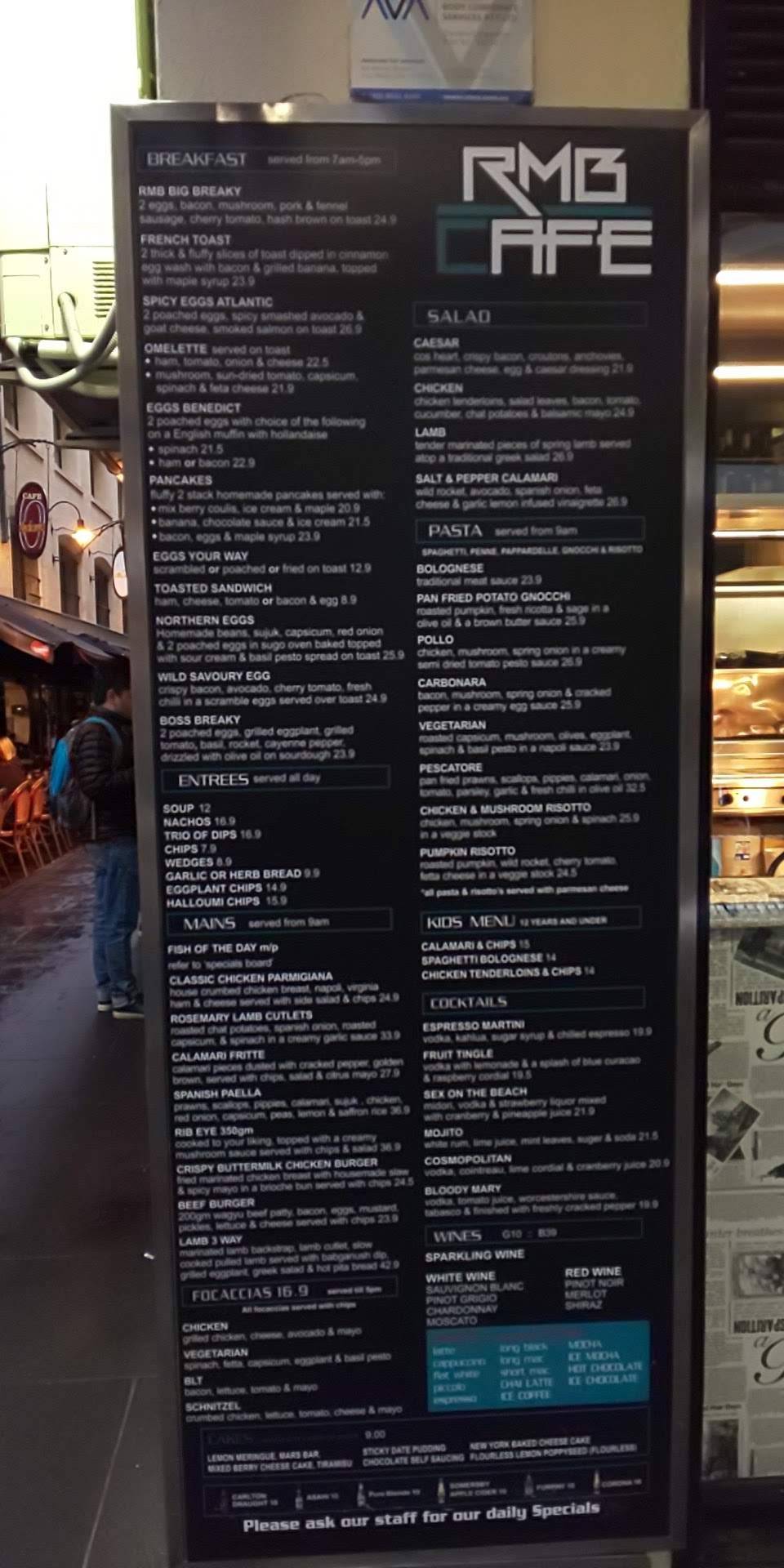 Menu at Cafe Andiamo, Melbourne