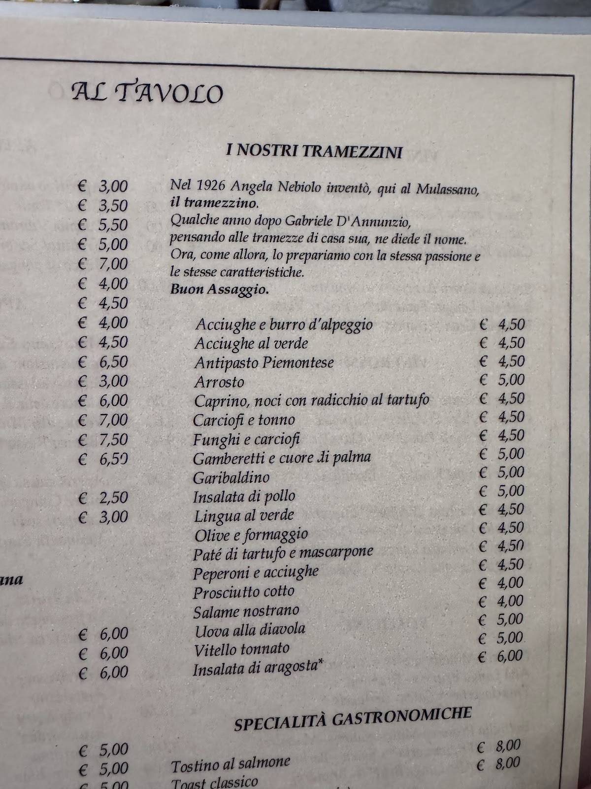 Menu di Caffè Mulassano 