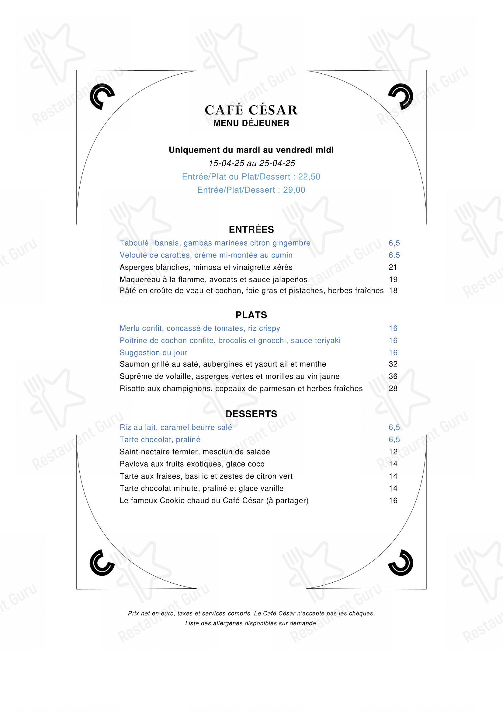 Menu bar pour Café César restaurant