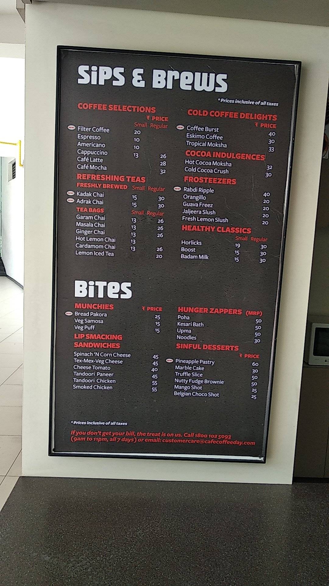 Cafe Coffee Day menu