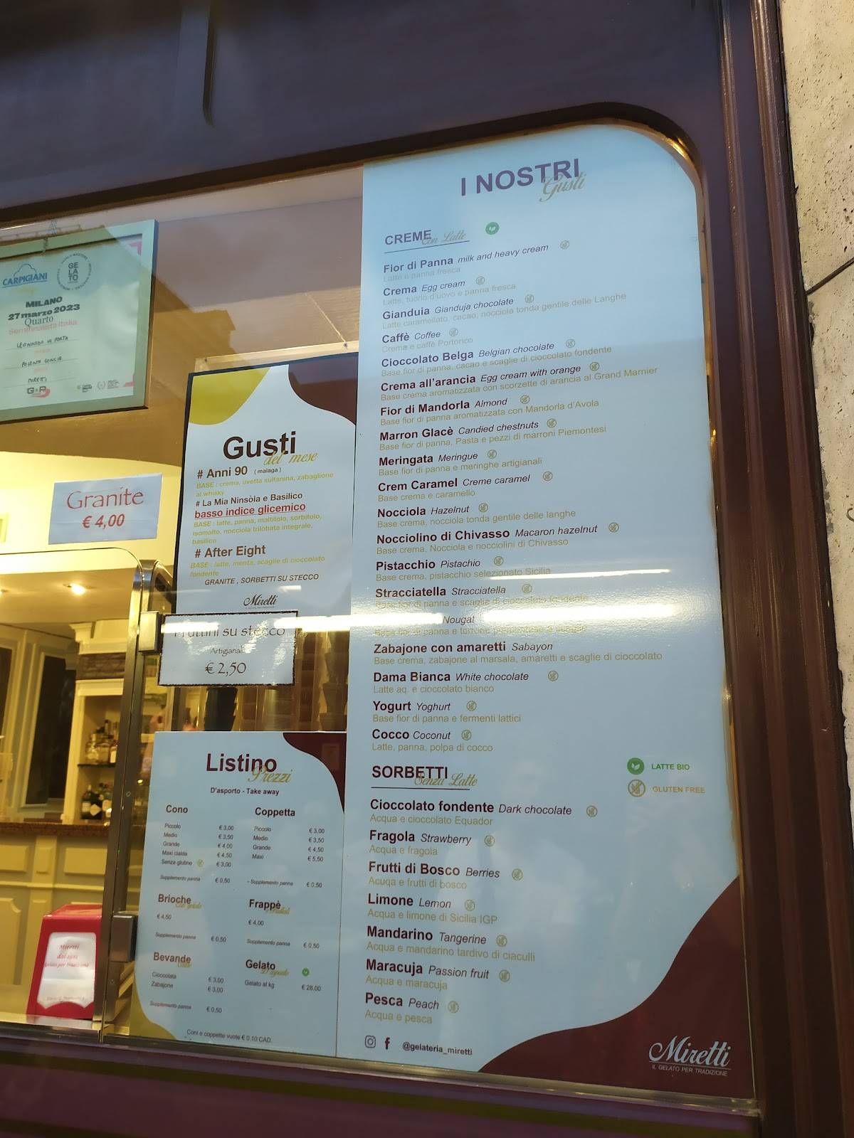 Menu di Gelateria Miretti il gelato per tradizione 