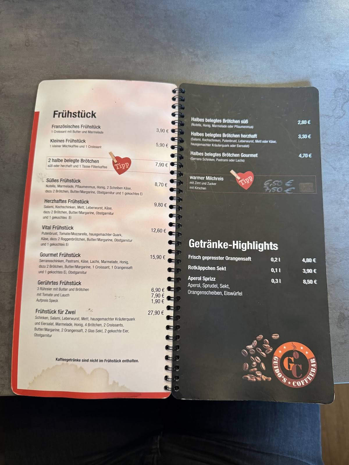 Menu de Guido's Coffeebar