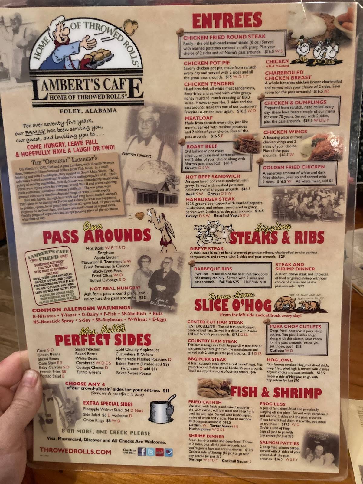 Menu at Lambert's Cafe, Foley, S McKenzie St