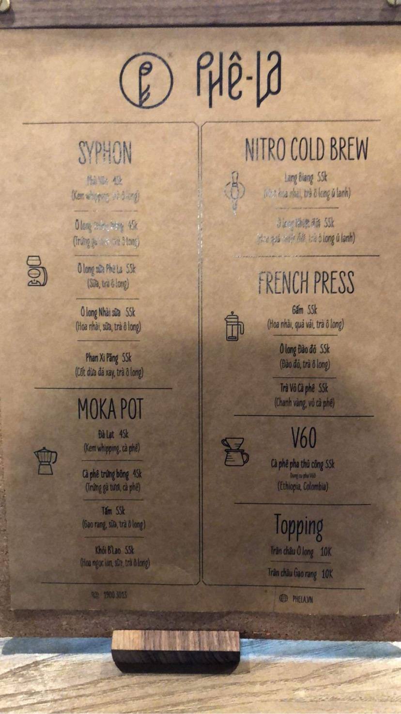 Menu at Phê La Thành Thái cafe, Hanoi, 04 - B1 P. Thành Thái