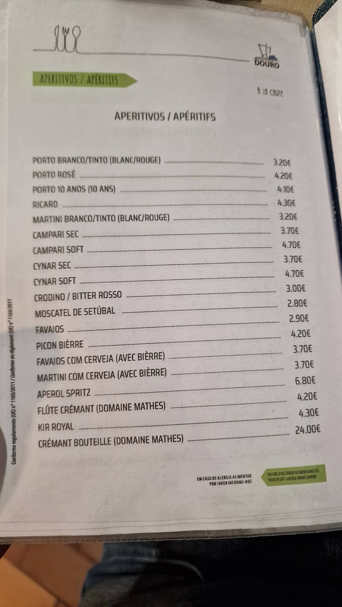 Menu de Café-Restaurant Douro