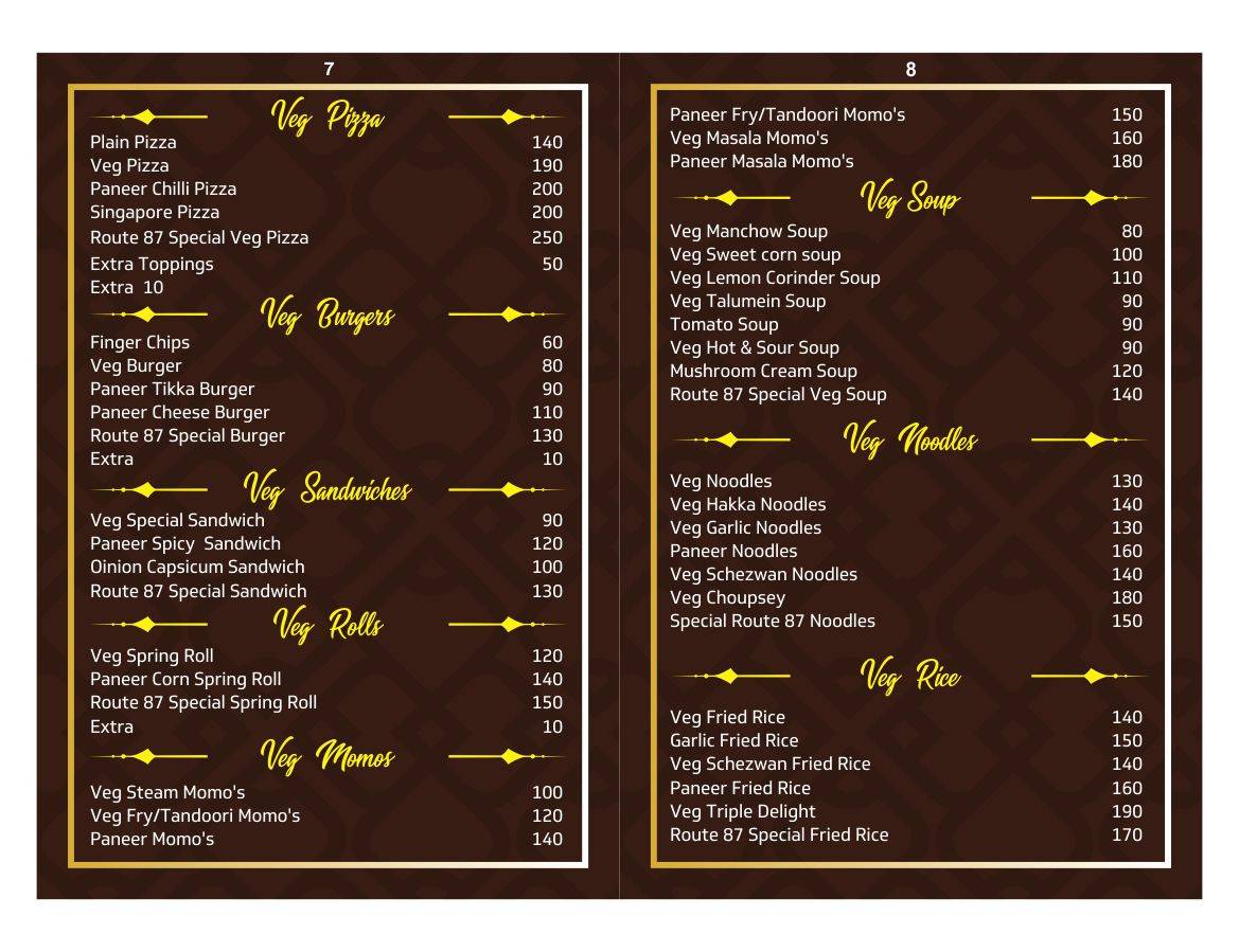 Route 87 Restaurant menu