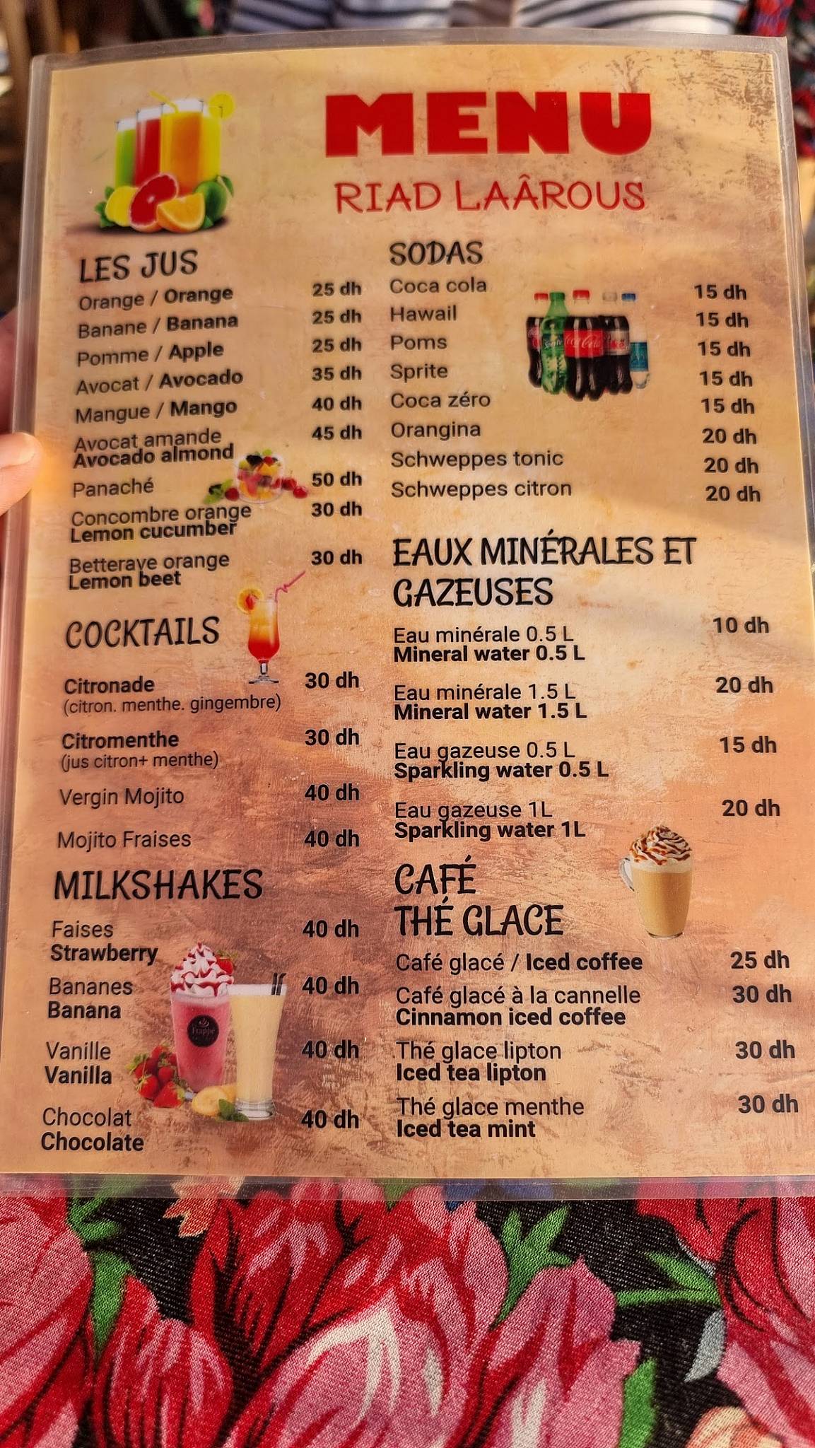 Menu de Café snack Riad Laarous