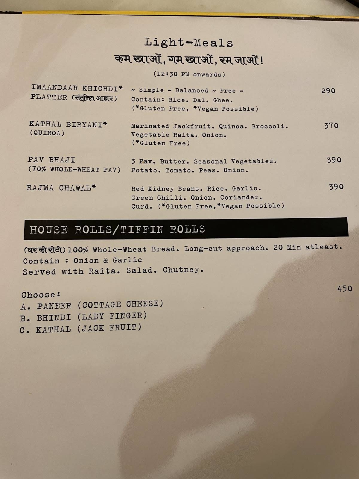 Tapri Niwas menu