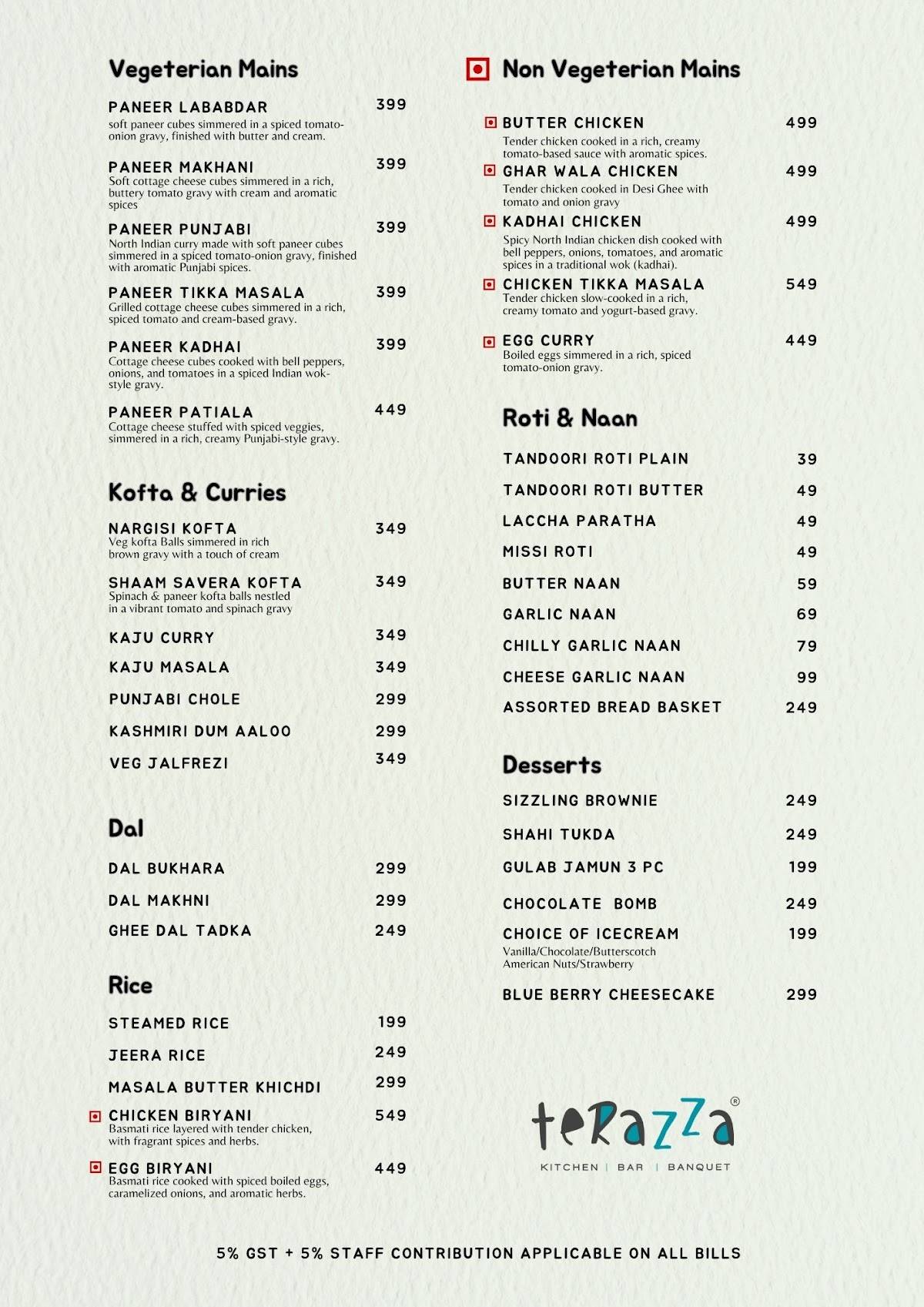 Terazza Bar and Kitchen menu