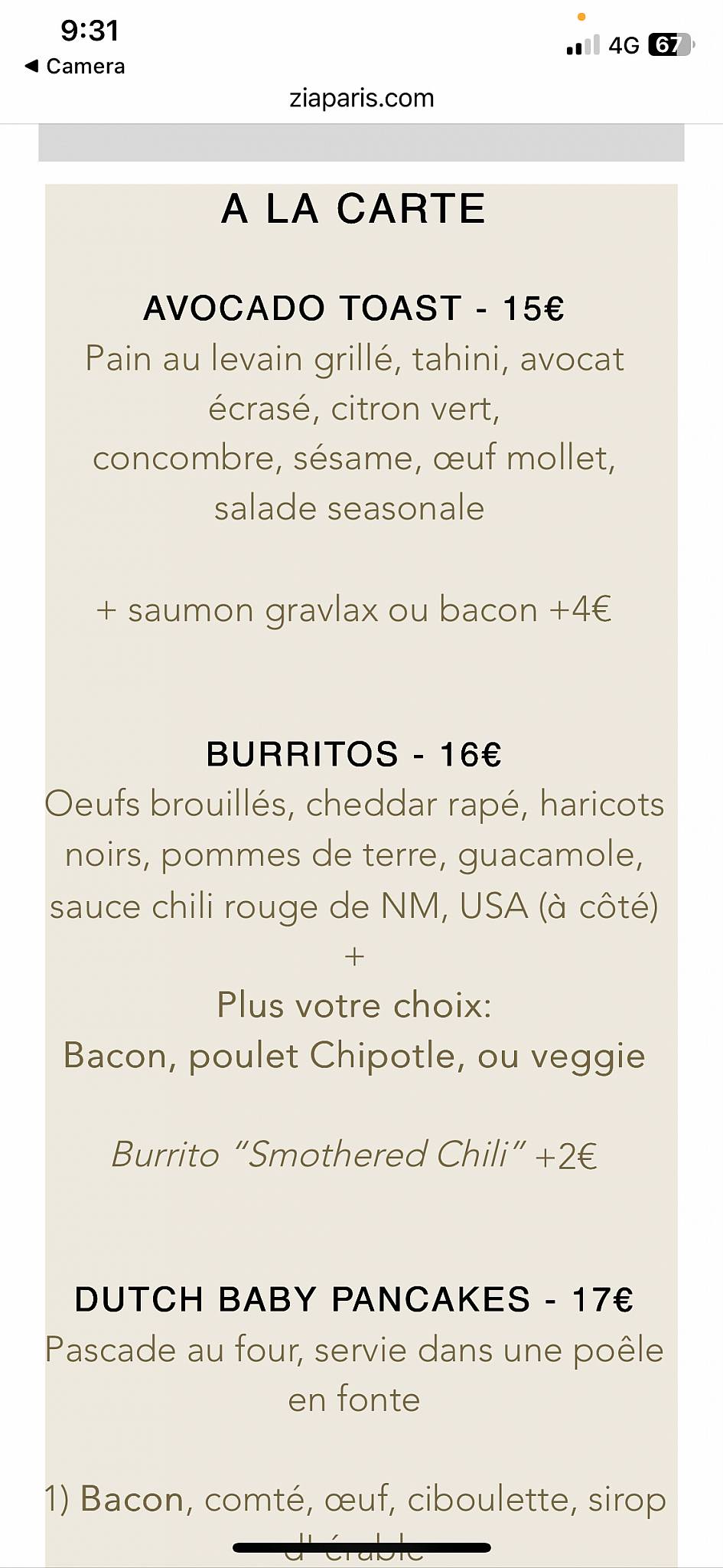 Menu de Zia