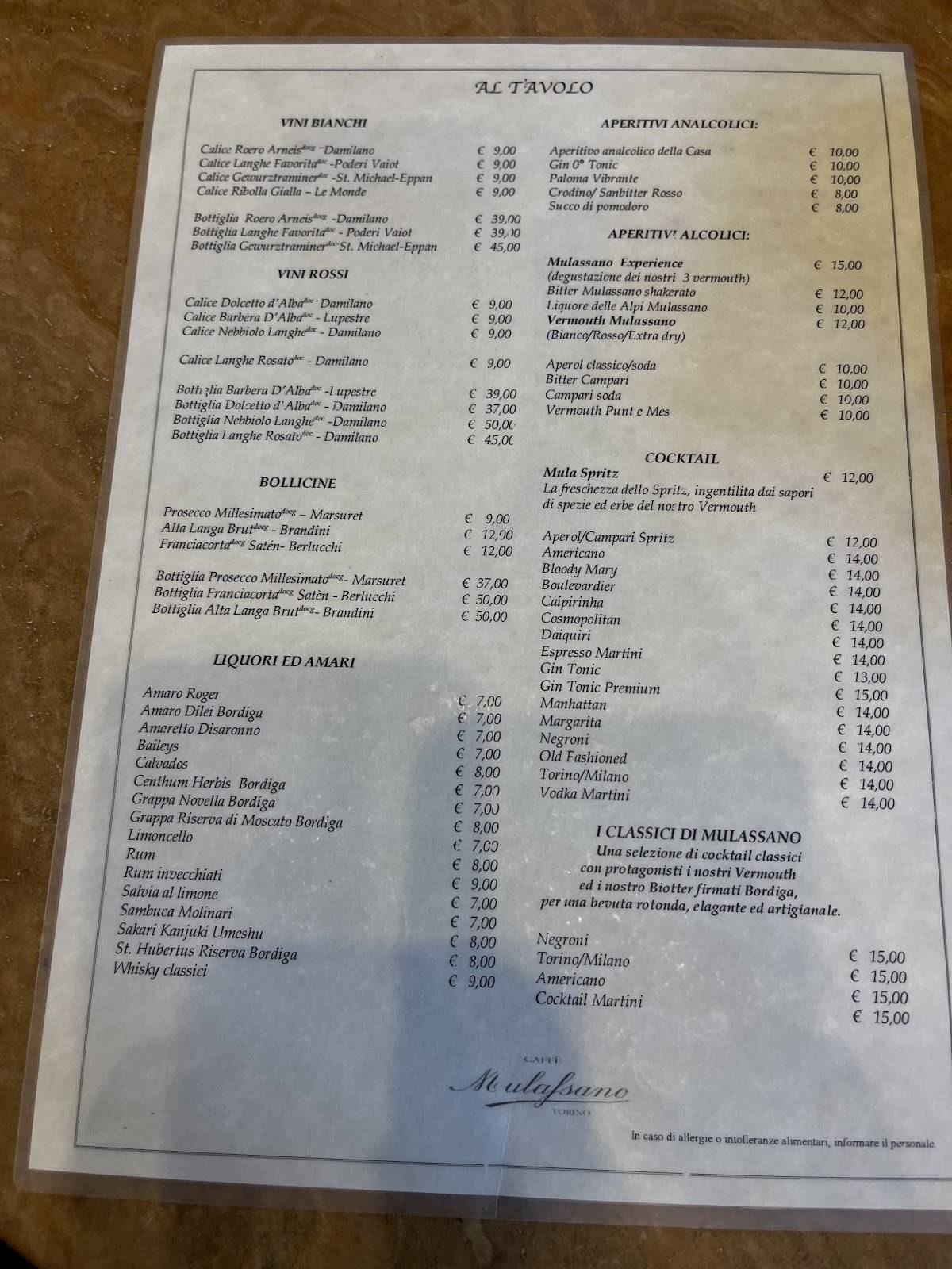 Menu di Caffè Mulassano 
