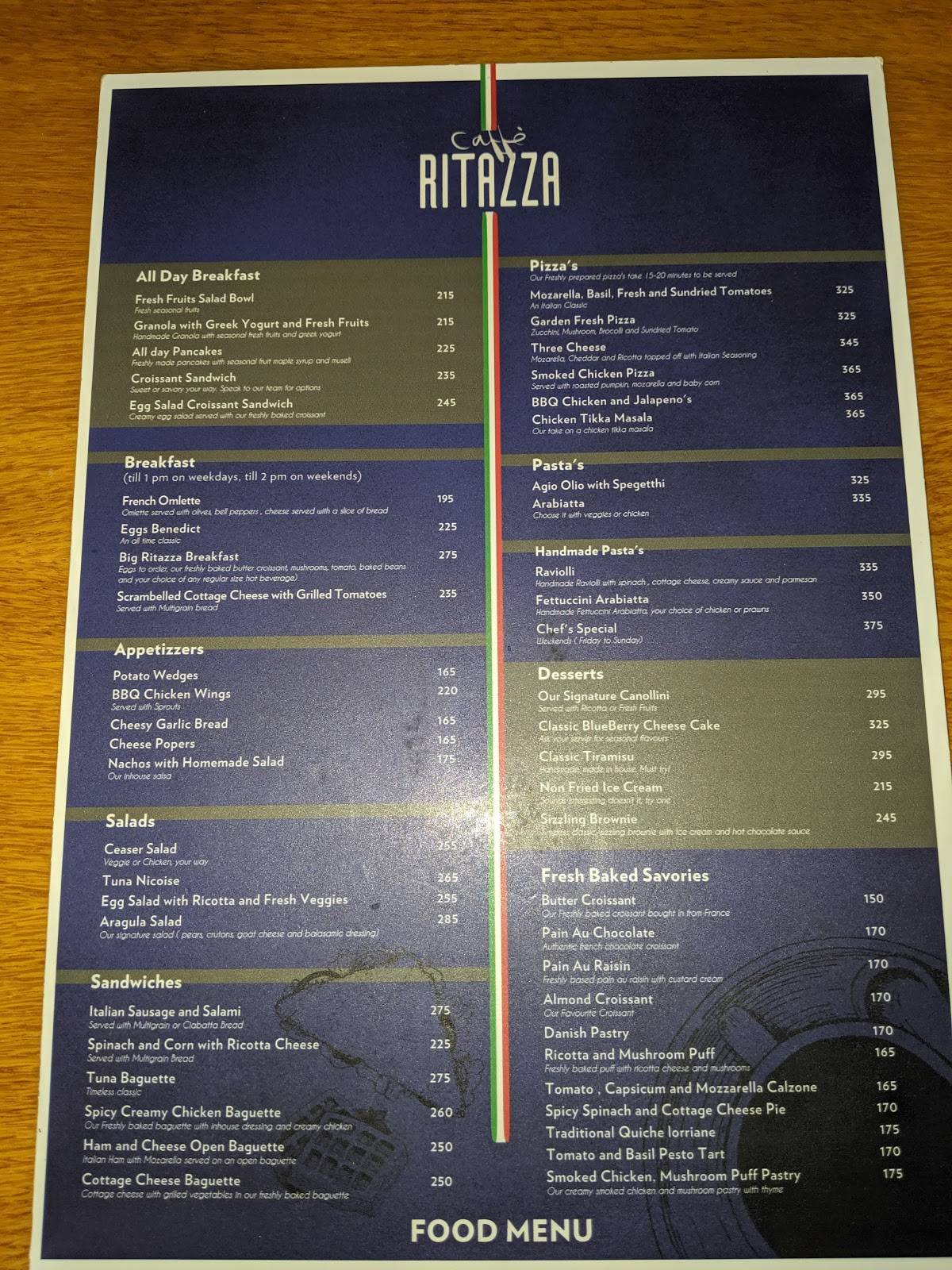 Caffe Ritazza India menu