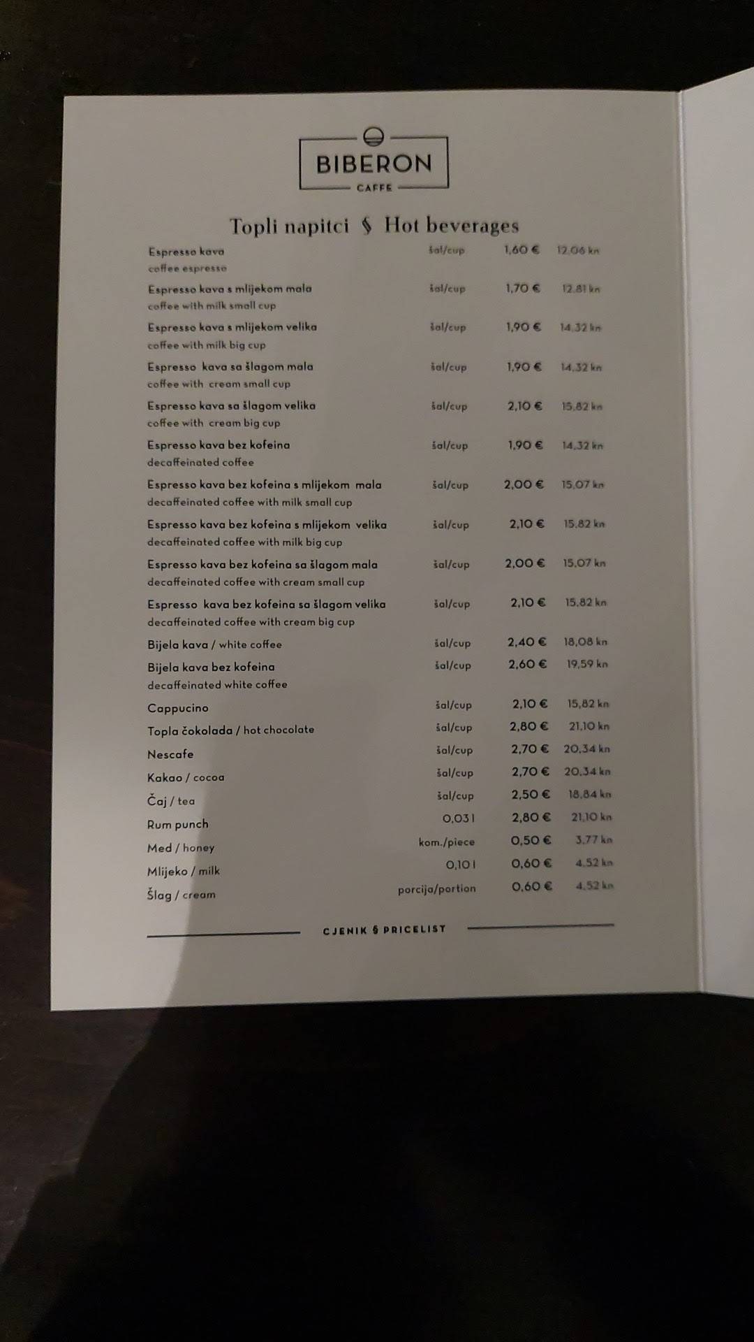 Menu di Caffe bar Biberon Rijeka 