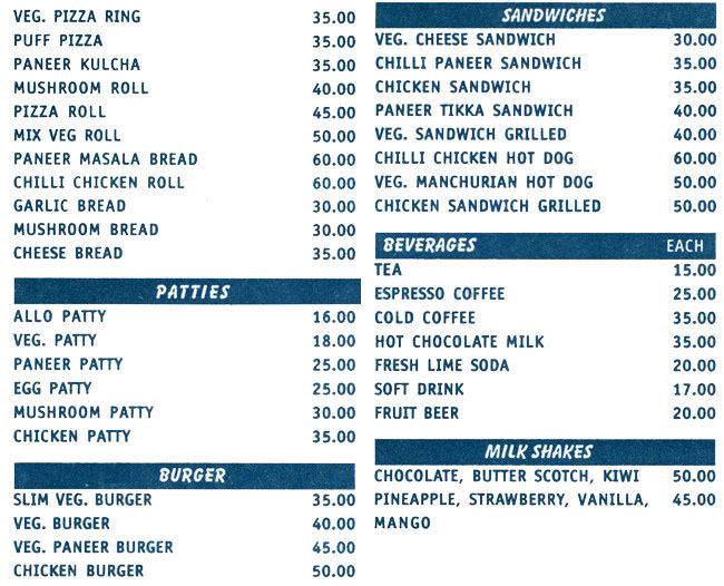 Cake Castle menu