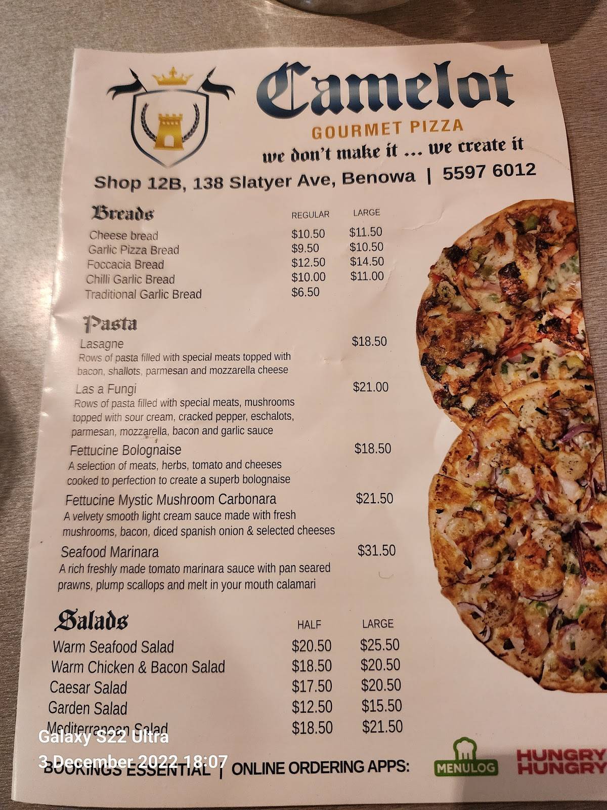 Menu at Camelot Gourmet Pizza restaurant, Benowa, Bronberg Plaza