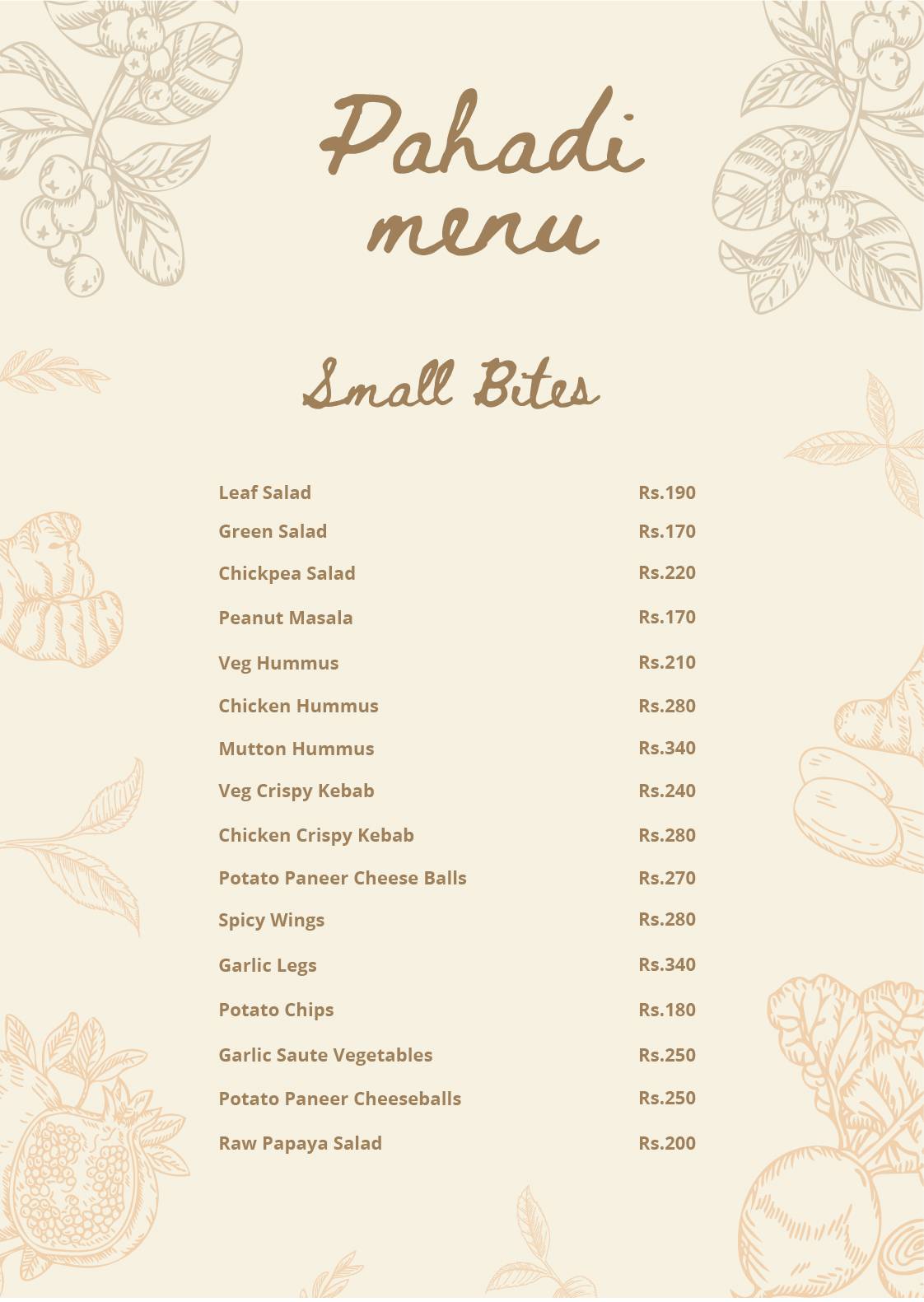Pahadi Roots menu