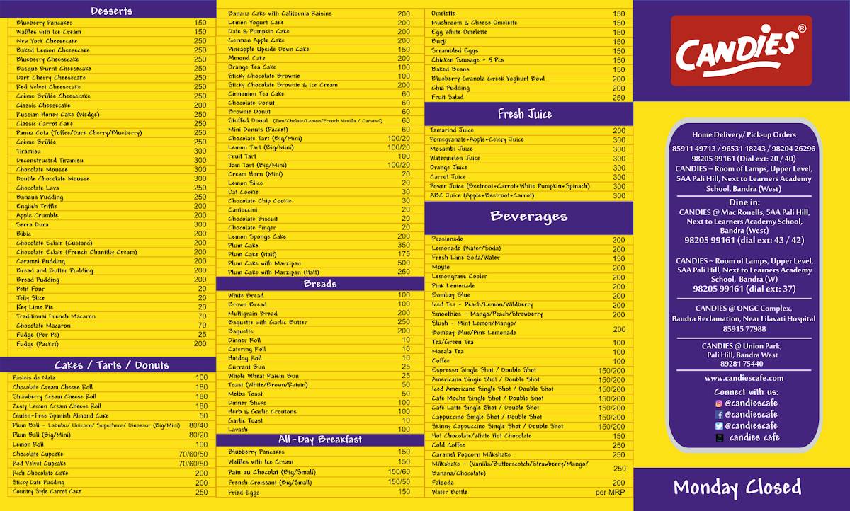 Candies menu