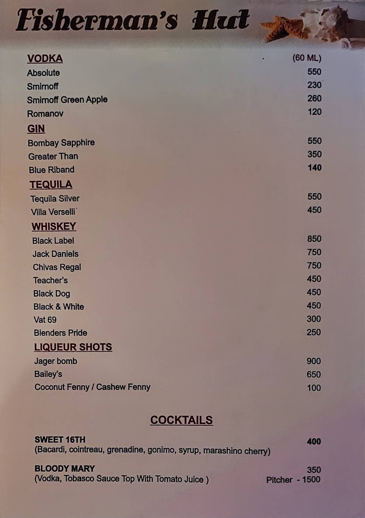 Fisherman's Beach Shack Restaurant Candolim Goa menu