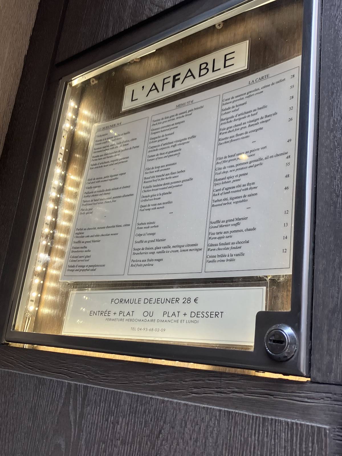 Menu de L'Affable