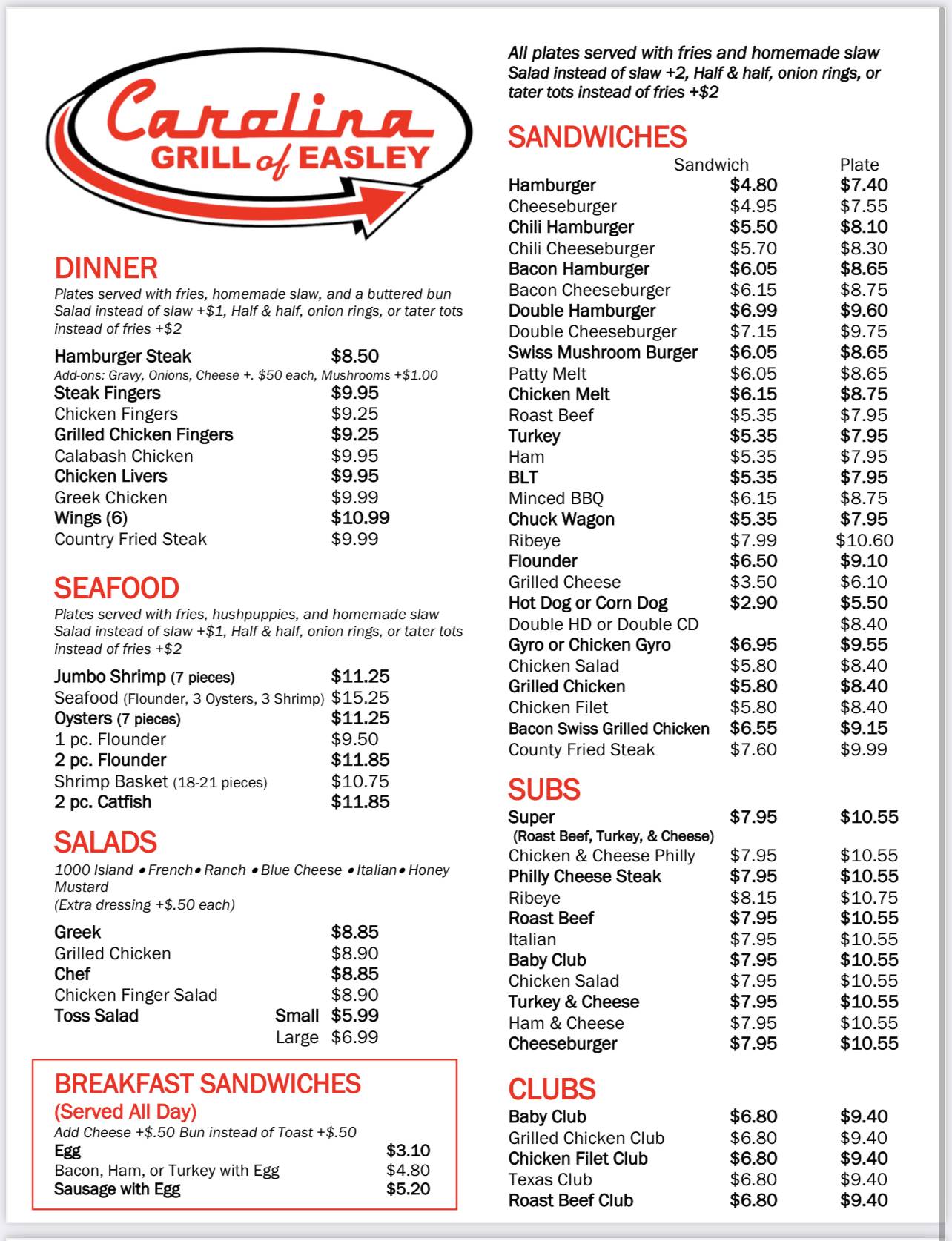Menu at Carolina Grill of Easley restaurant, Easley