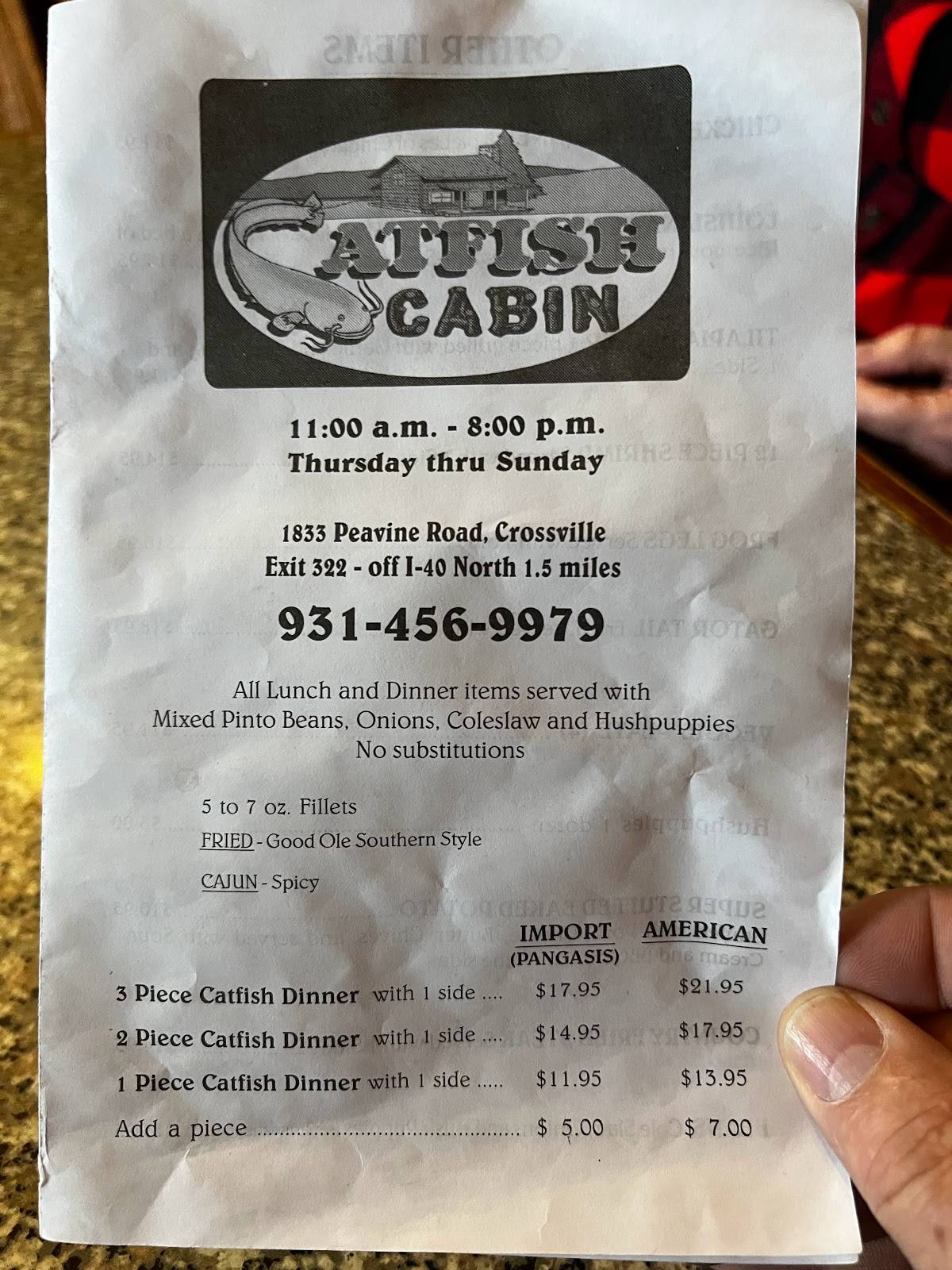 Menu at Catfish Cabin restaurant, Crossville, Peavine Rd