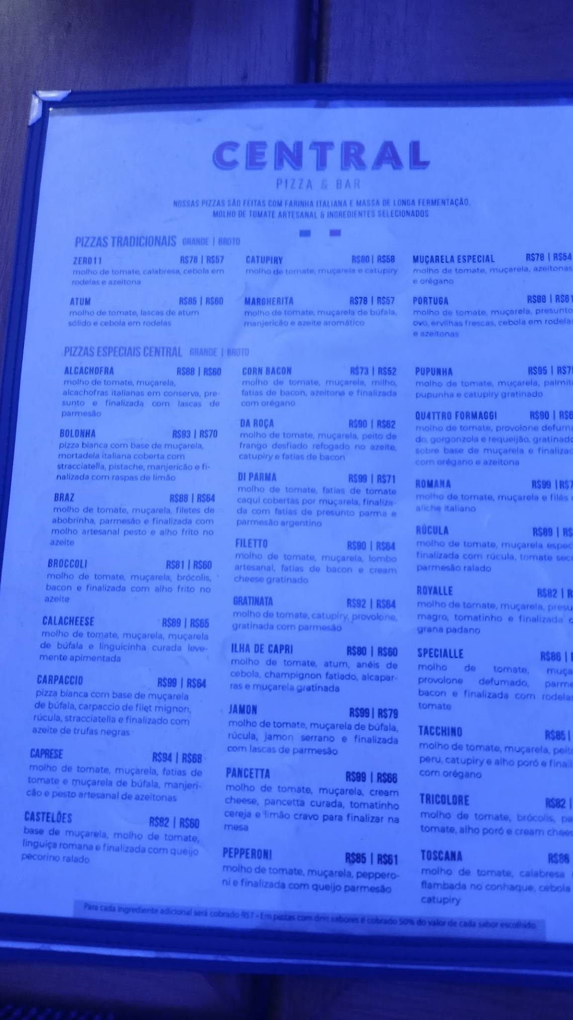 Central Pizza e Bar cardápio