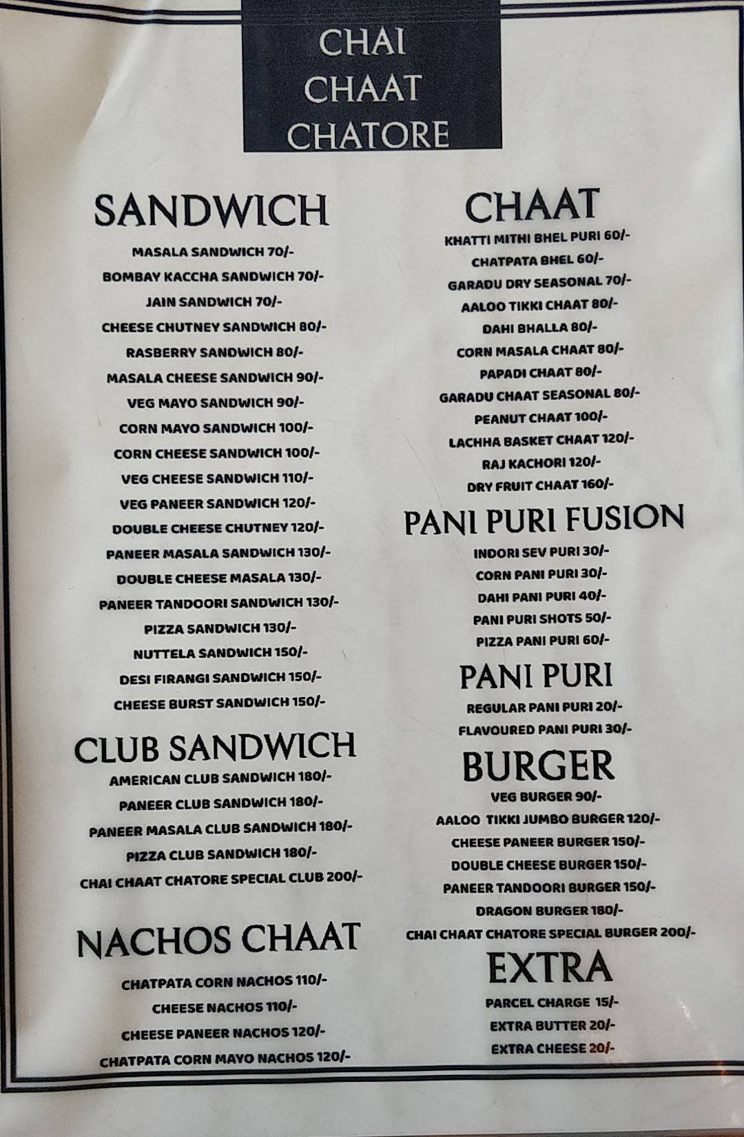 Chai Chaat Chatore menu