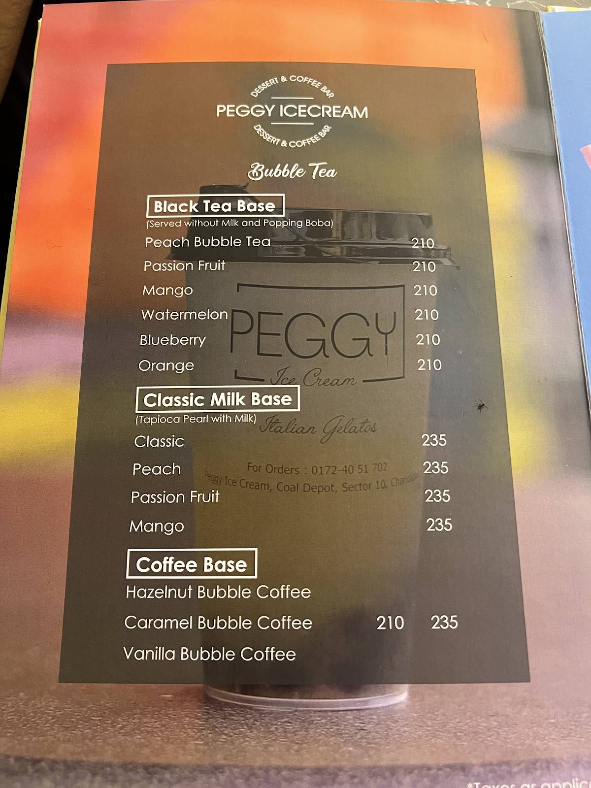 Peggy Icecream menu