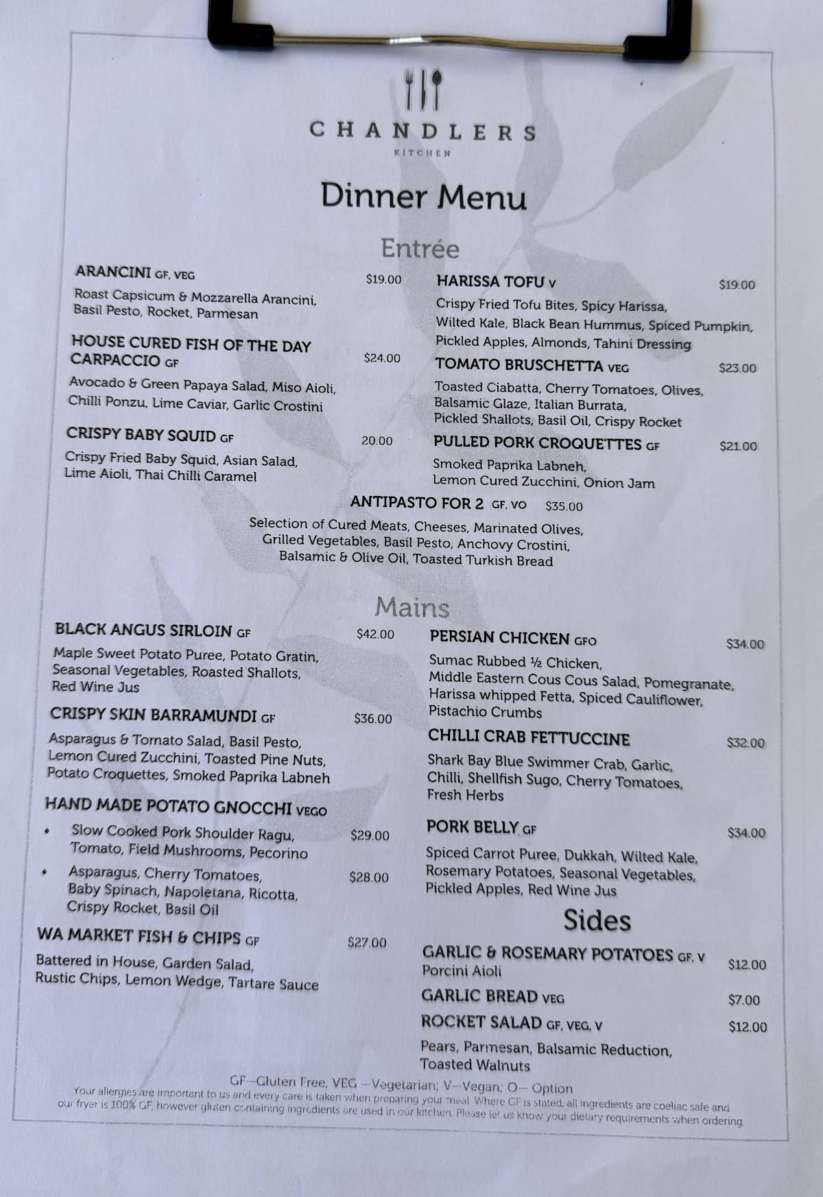 Menu at Chandlers Kitchen cafe, Rockingham