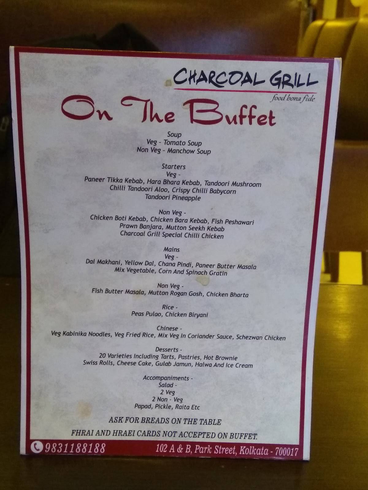 Menu at Charcoal Grill, Kolkata