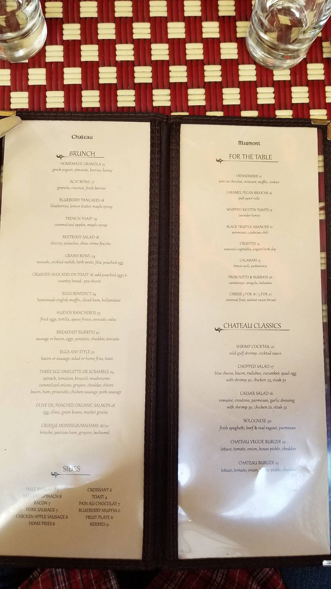 Menu at Chateau Marmont restaurant, Los Angeles, Sunset Blvd