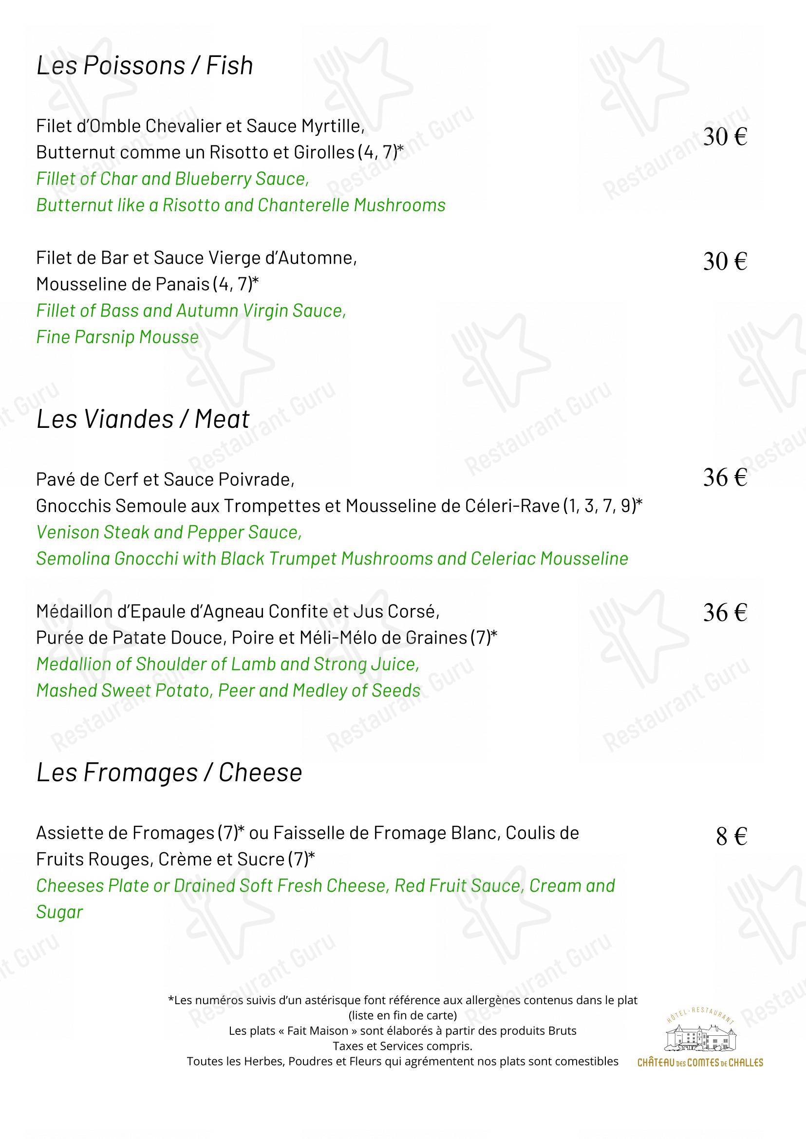 Menu pour Château Des Comtes De Challes pub et bar