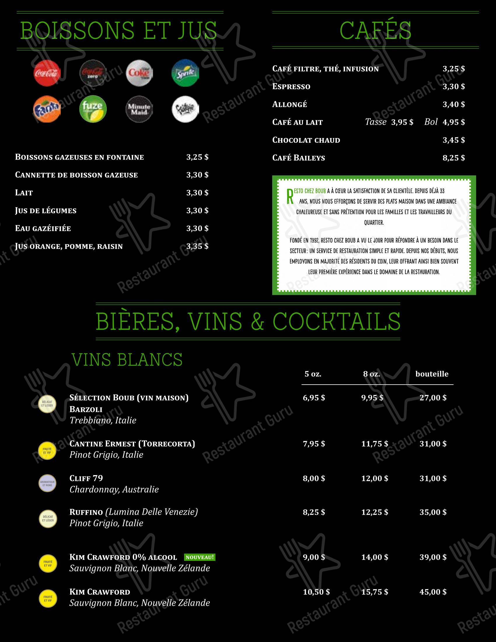 Chez Boub dans Québec - Menu