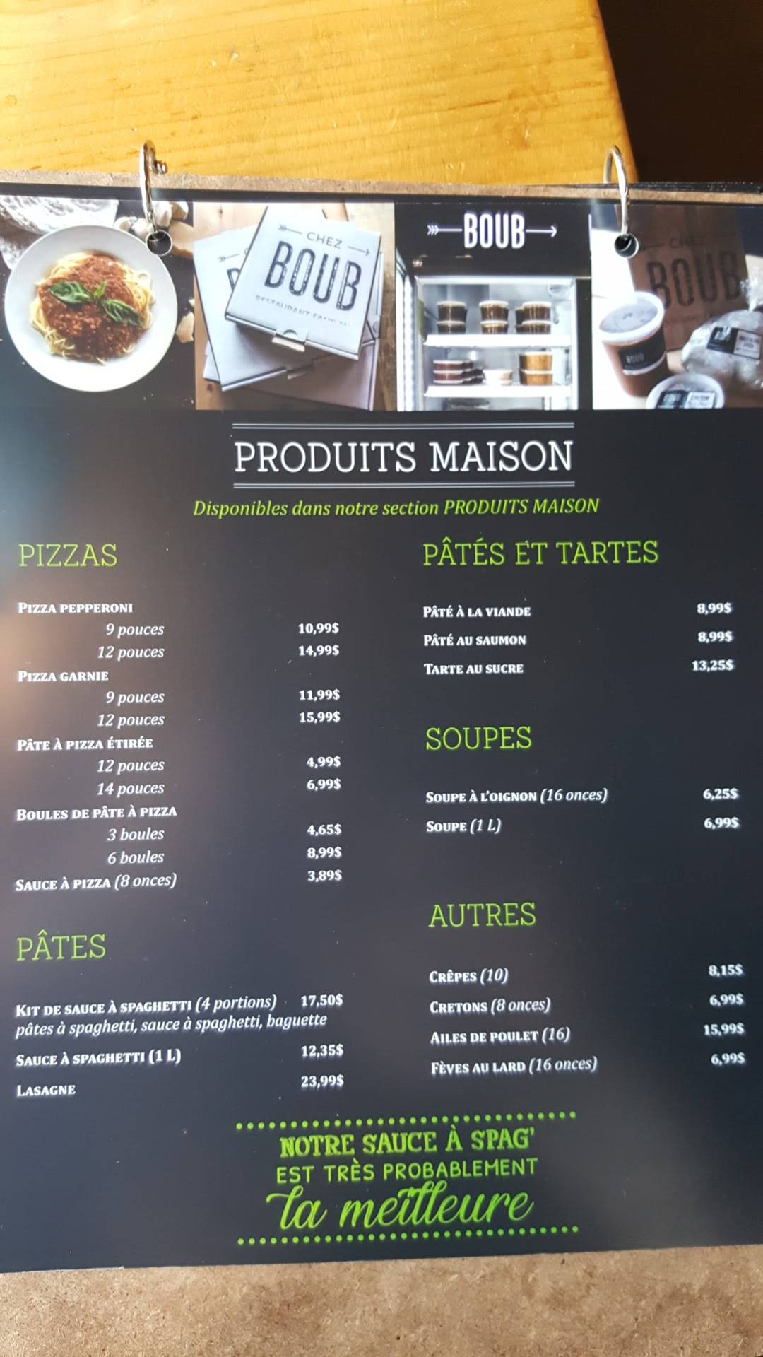 Menu at Chez Boub pizzeria, Québec City