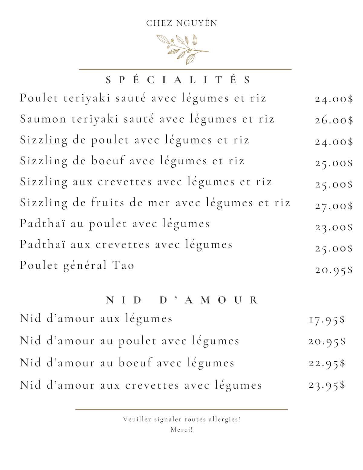 Menu de Chez Nguyen