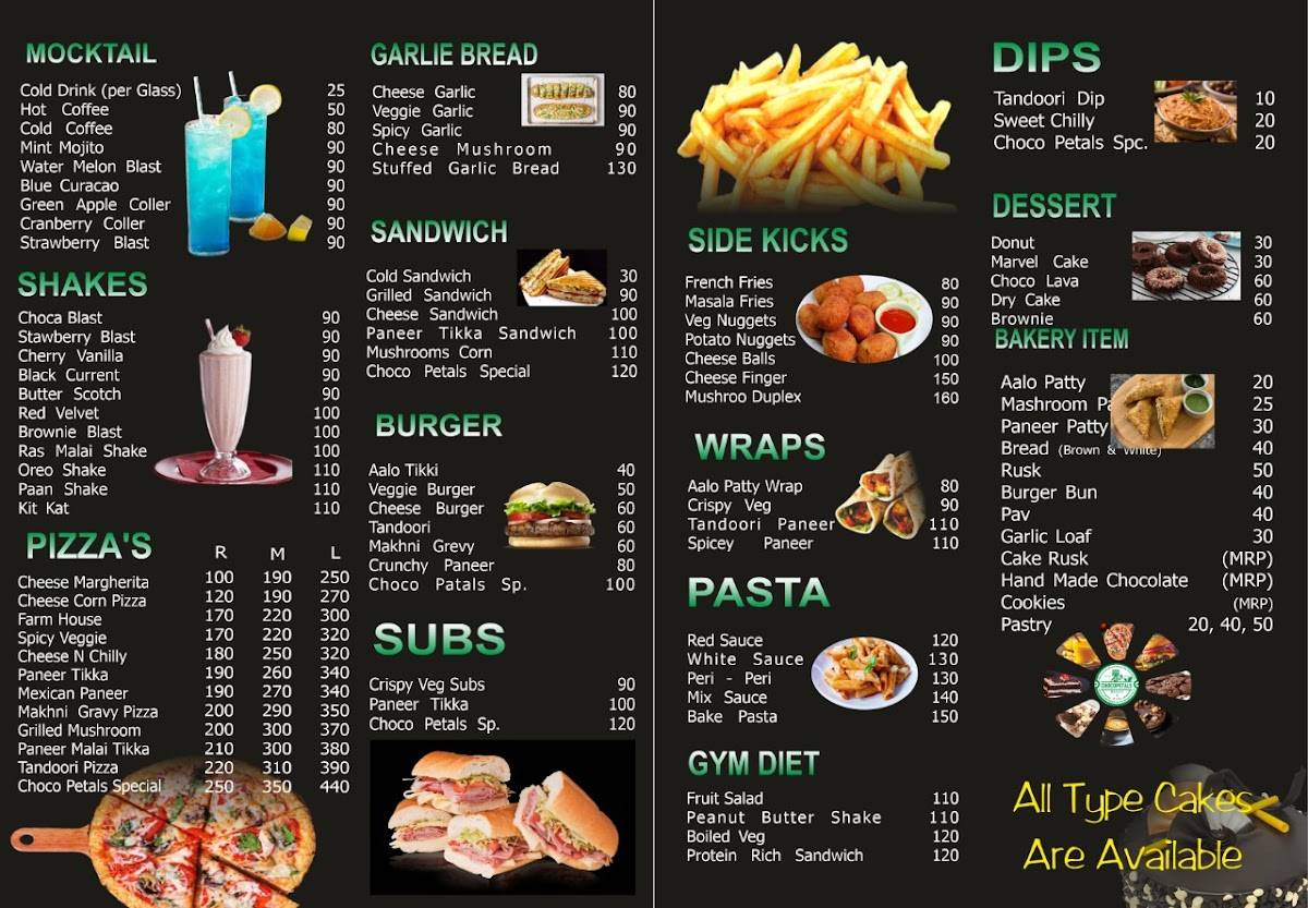 Choco Petals Bakery and Cafe menu