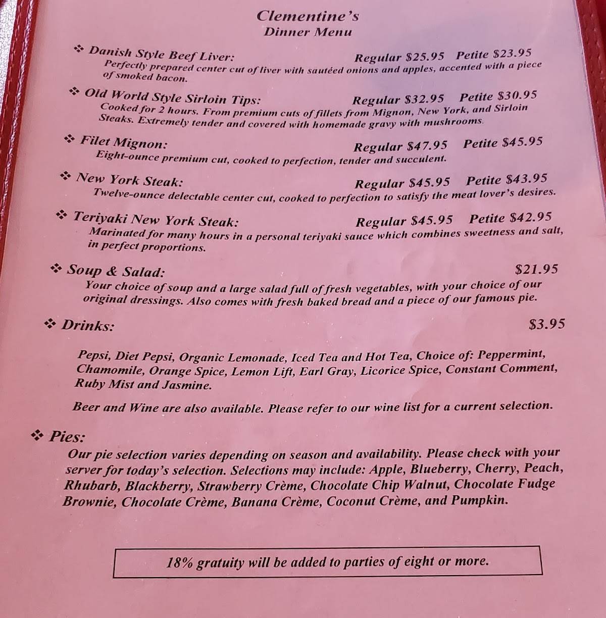 Menu at Clementine’s Steak House steakhouse, Carpinteria