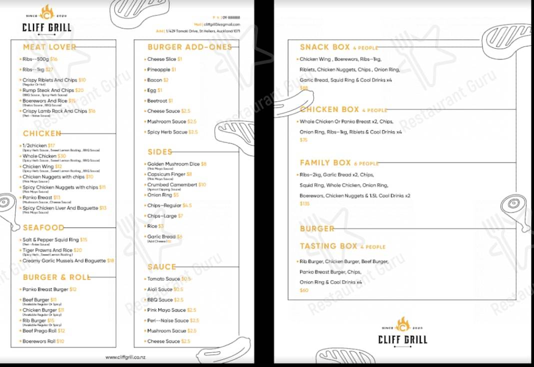 Menu at CLIFF GRILL restaurant, Auckland