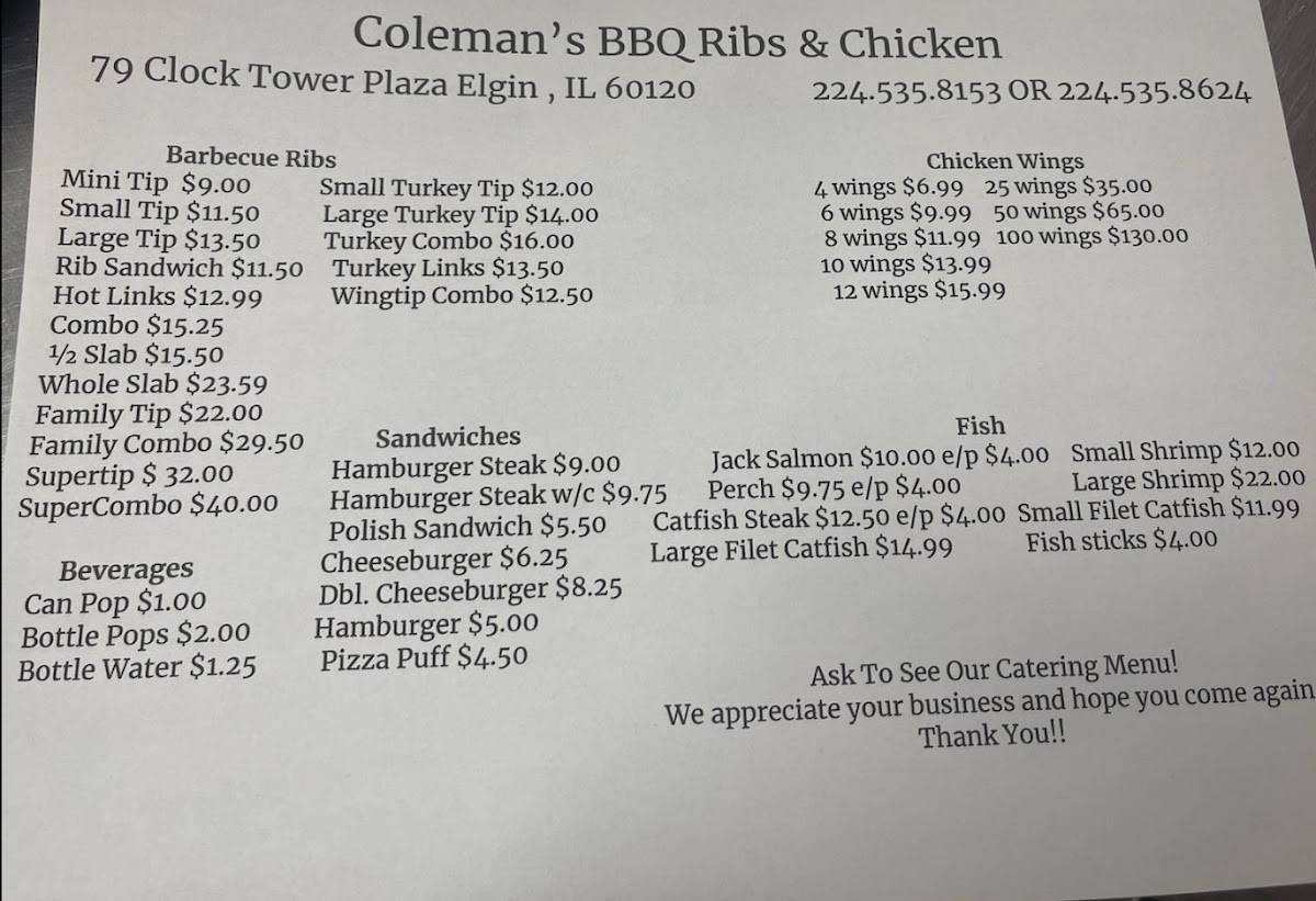 Menu at Coleman's BBQ Elgin, Elgin