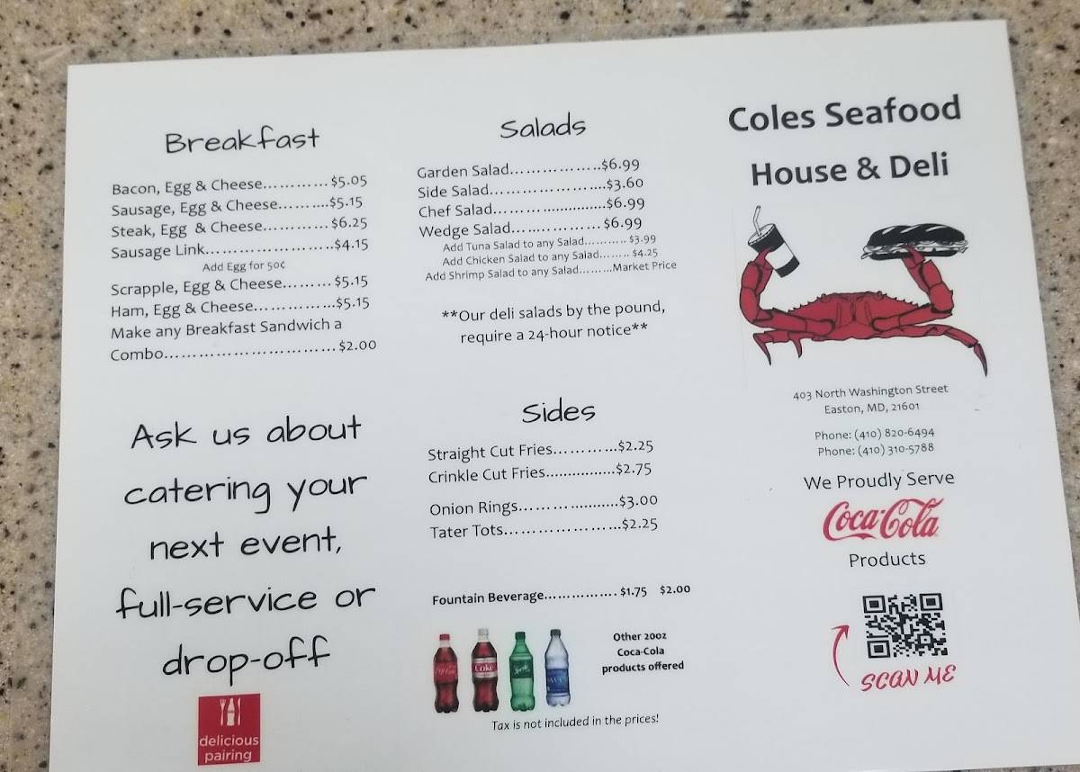 Menu at Cole's Seafood House & Deli restaurant, Easton