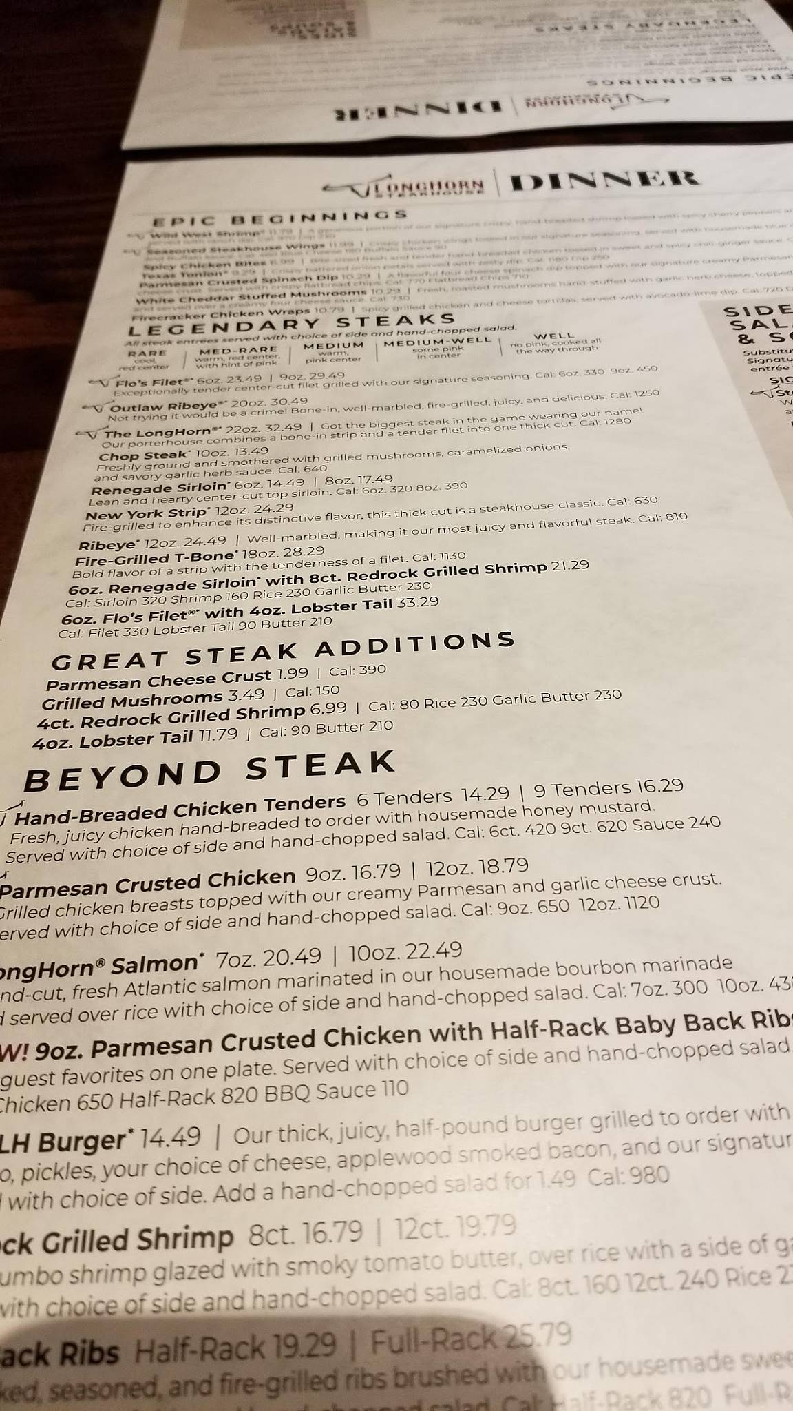Menu at LongHorn Steakhouse, Colorado Springs