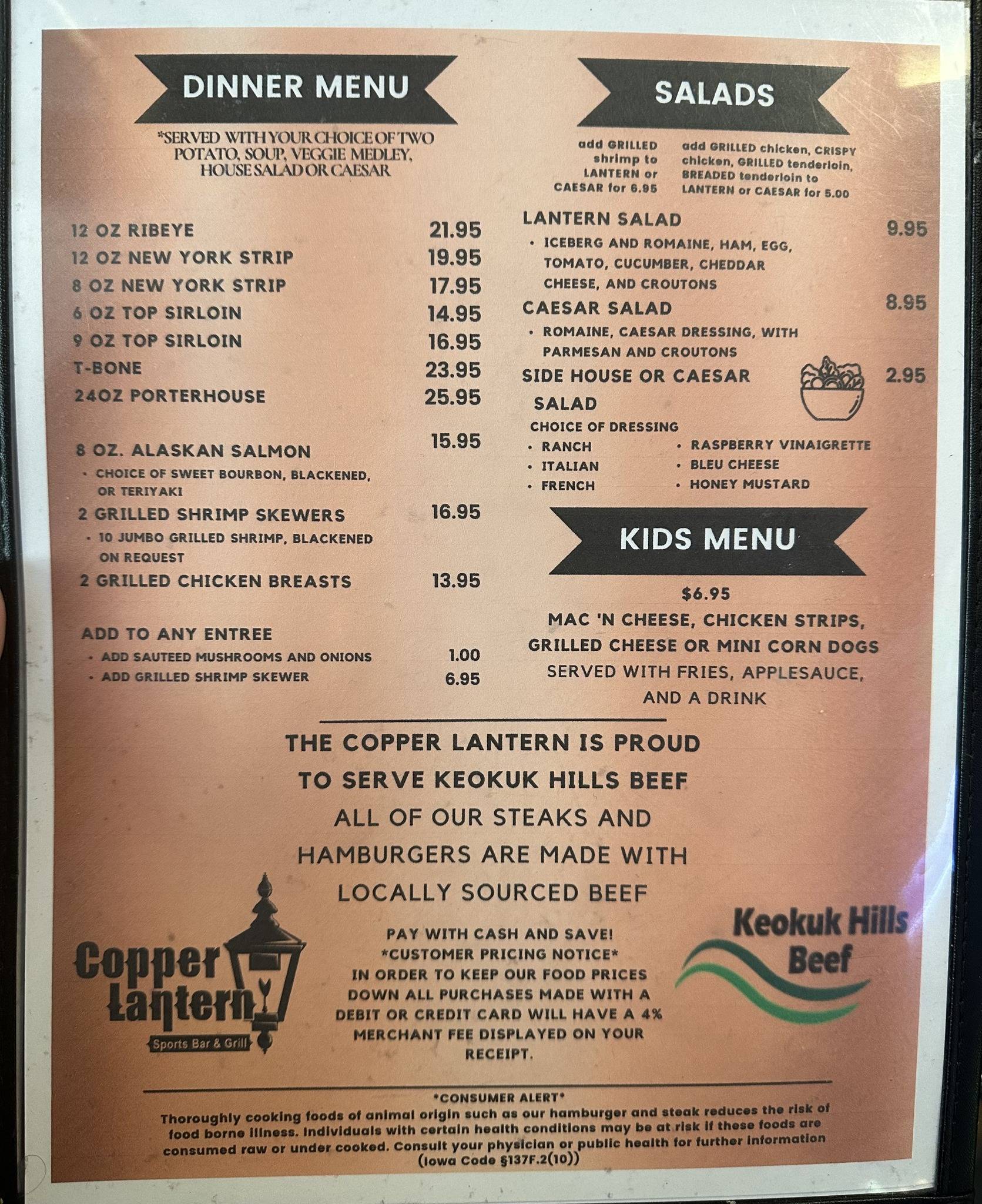 Menu at Copper Lantern restaurant, Sigourney