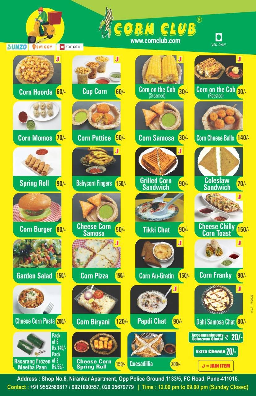 Corn Club menu