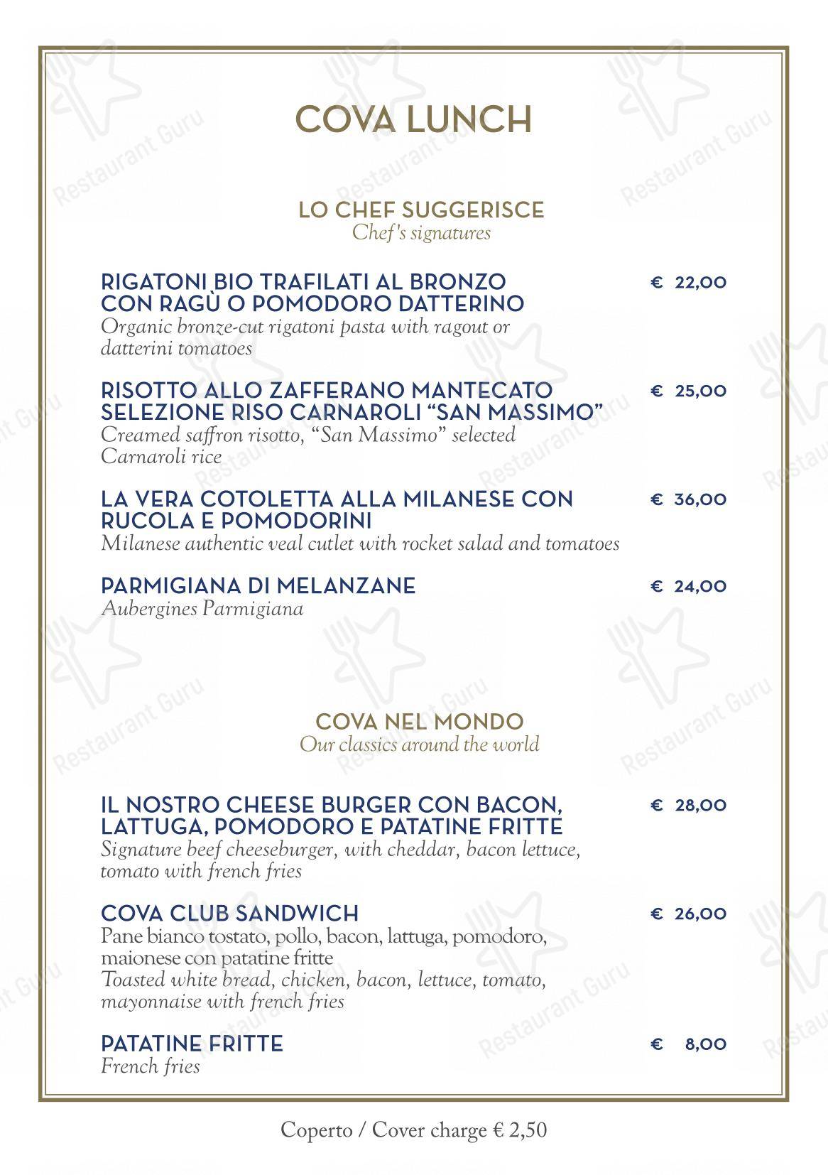 Menu di Cova Montenapoleone - Menu