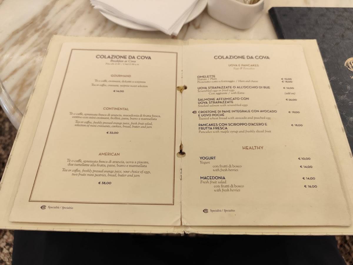 Menu di Cova Montenapoleone 