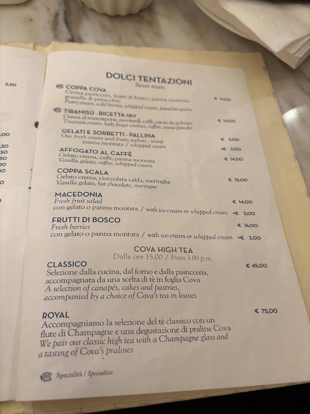 Menu di Cova Montenapoleone 